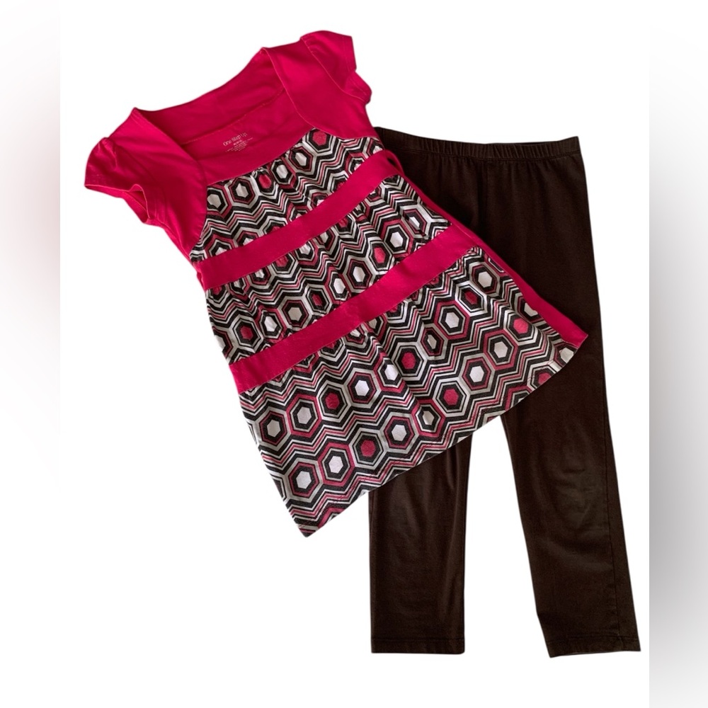 One Step Ahead Set Girls M (10-12) Pink Brown Top Leggings Geometric Tie Back